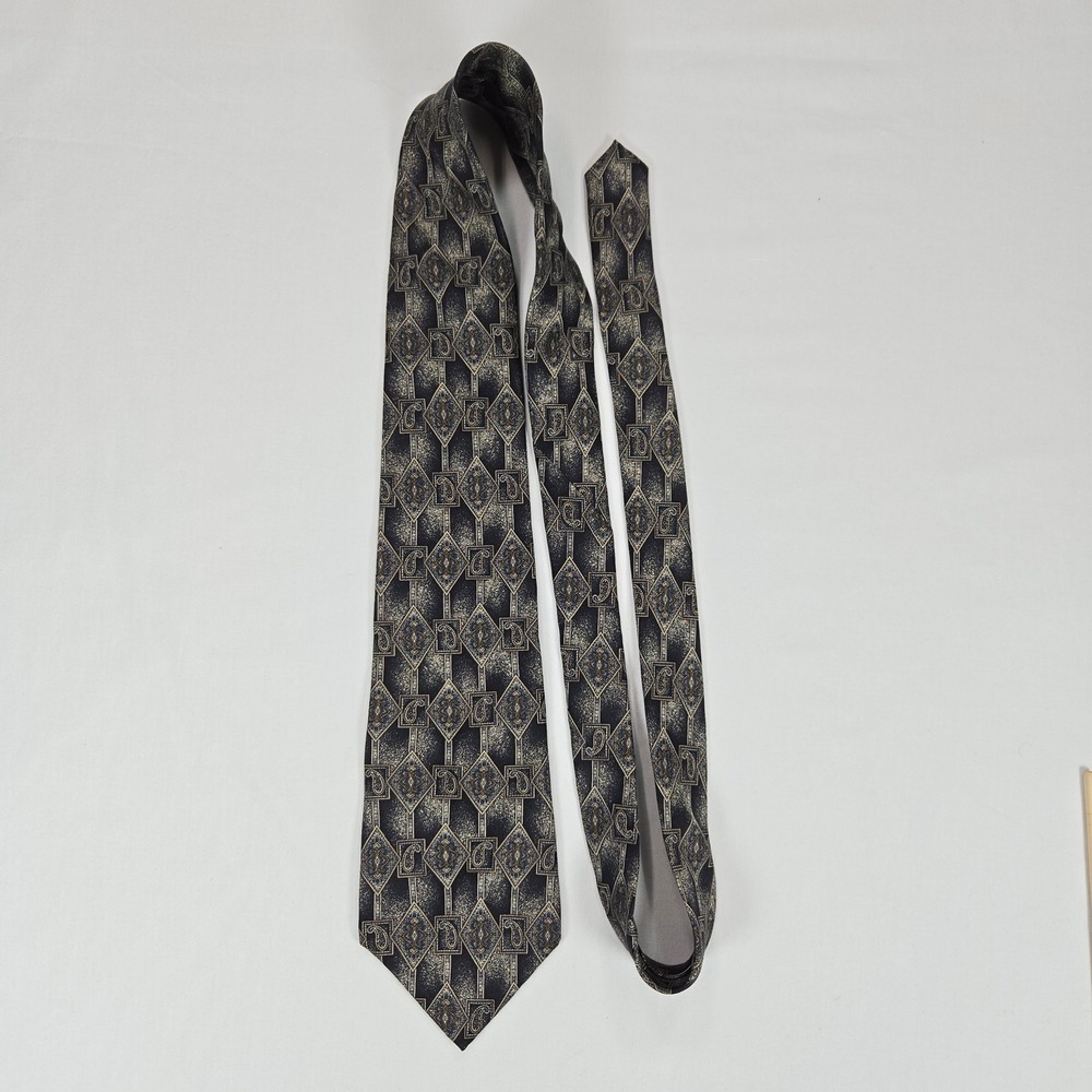 Vintage 90s Villa Bugatti Italian Silk Geometric Paisley Tie Navy Gold 3.75 x 58 - Picture 4 of 10